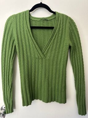 Maya Bright Olive Green Cashmere V-Neck Sweater